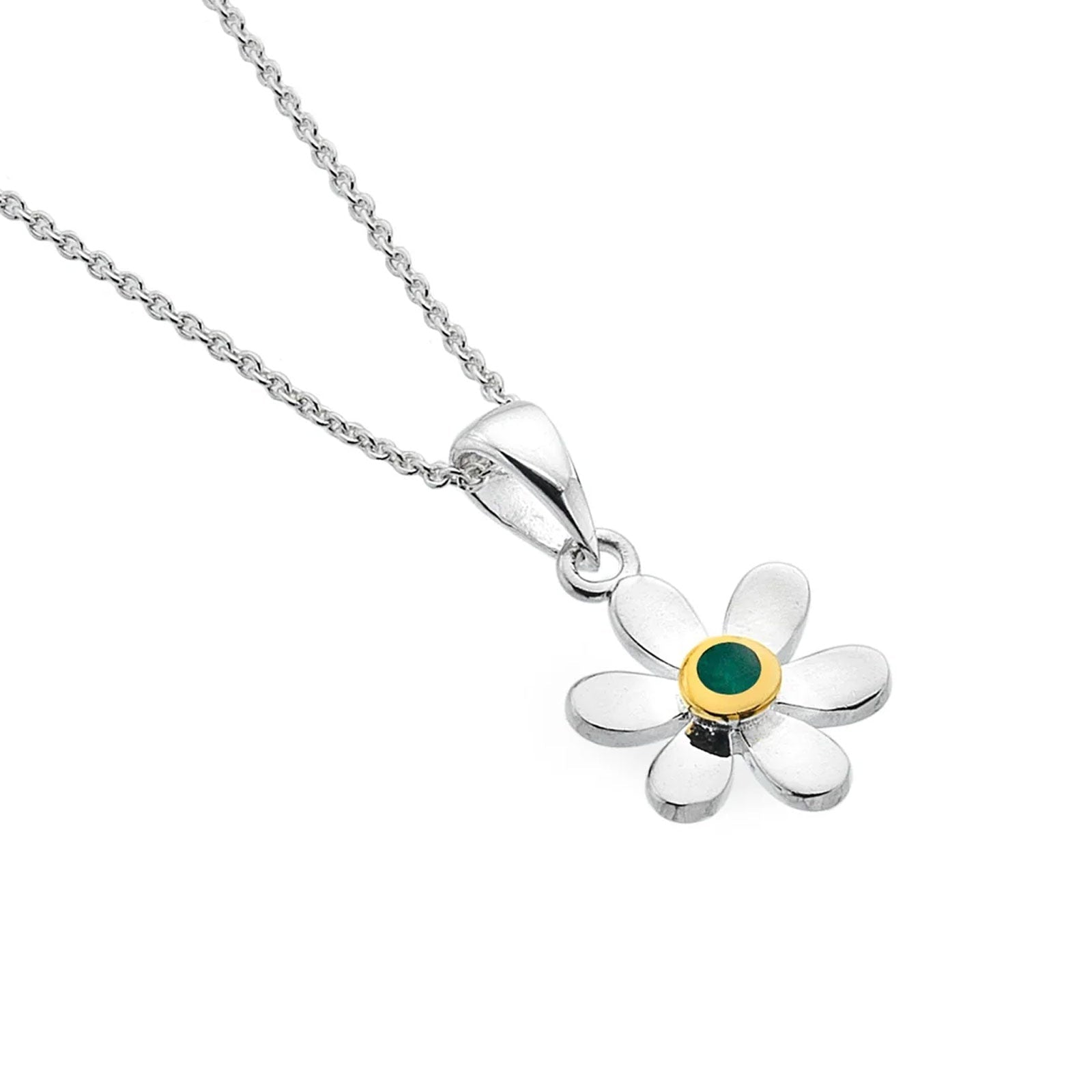 MAY Birthstone Emerald Daisy Sterling Silver Necklace - Cotswold Jewellery
