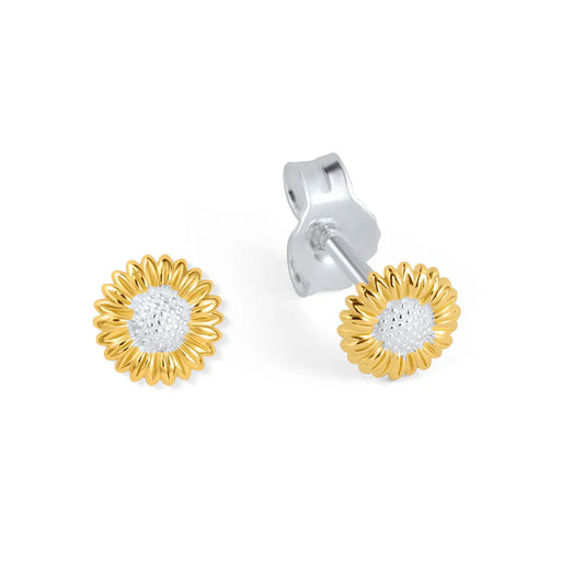 Sunflower-shaped earrings in gold and silver on a white background
