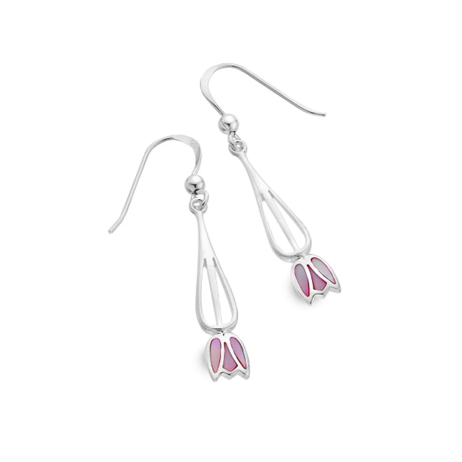 Silver tulip earrings with pink mother of pearl accents on a white background
