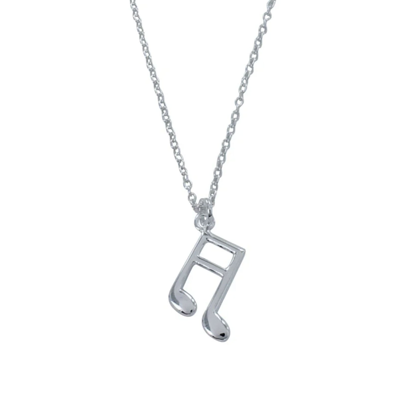 Silver music note pendant on a chain against a white background