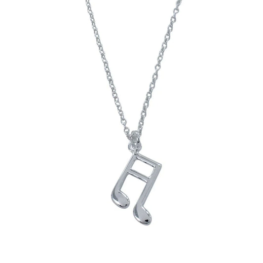 Silver music note pendant on a chain against a white background