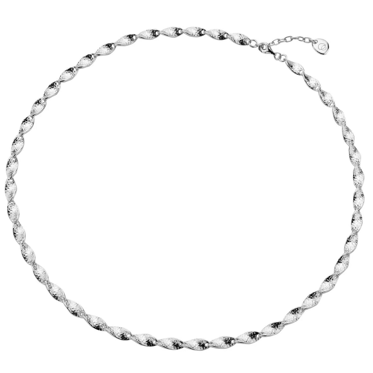 A silver twisted rope chain necklace arranged in a circle on a plain white background.