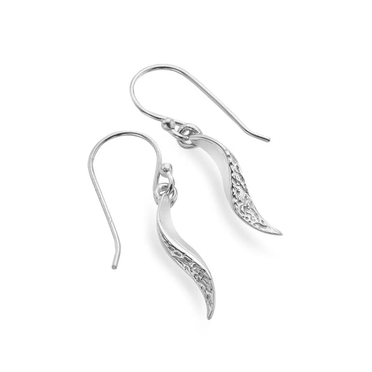 A pair of silver drop earrings with textured, wave-like curved earrings and fishhooks, shown on a clean white background.