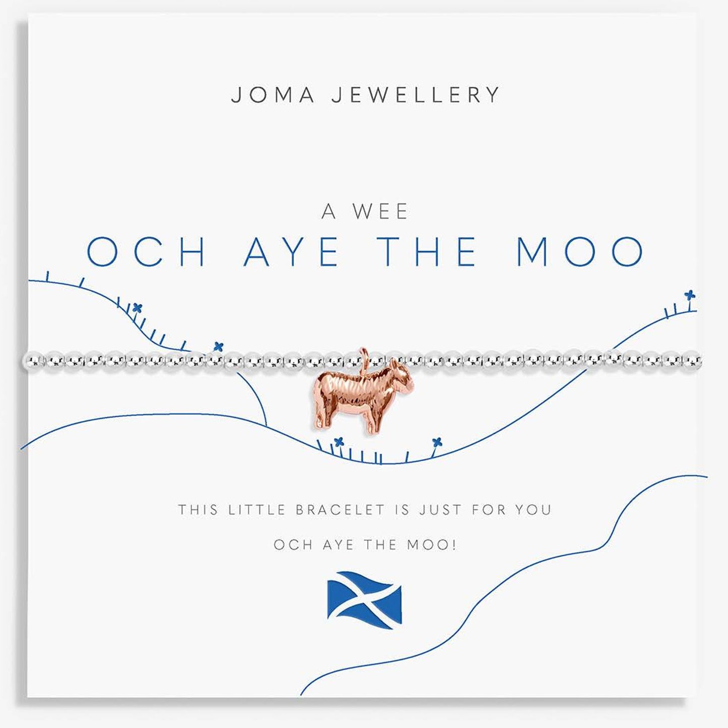 A Joma Jewellery bracelet card featuring a silver beaded bracelet with a small rose gold goat charm, displayed on a white card with blue text and line art.
