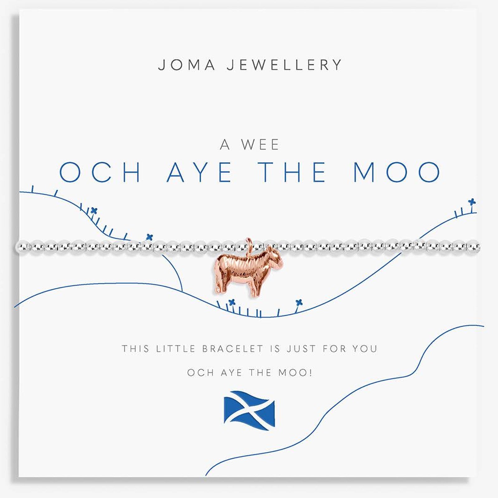 A Joma Jewellery bracelet card featuring a silver beaded bracelet with a small rose gold goat charm, displayed on a white card with blue text and line art.