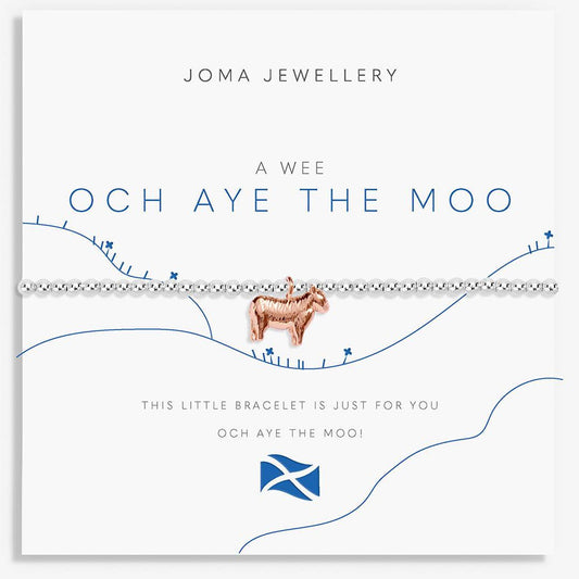 A Joma Jewellery bracelet card featuring a silver beaded bracelet with a small rose gold goat charm, displayed on a white card with blue text and line art.