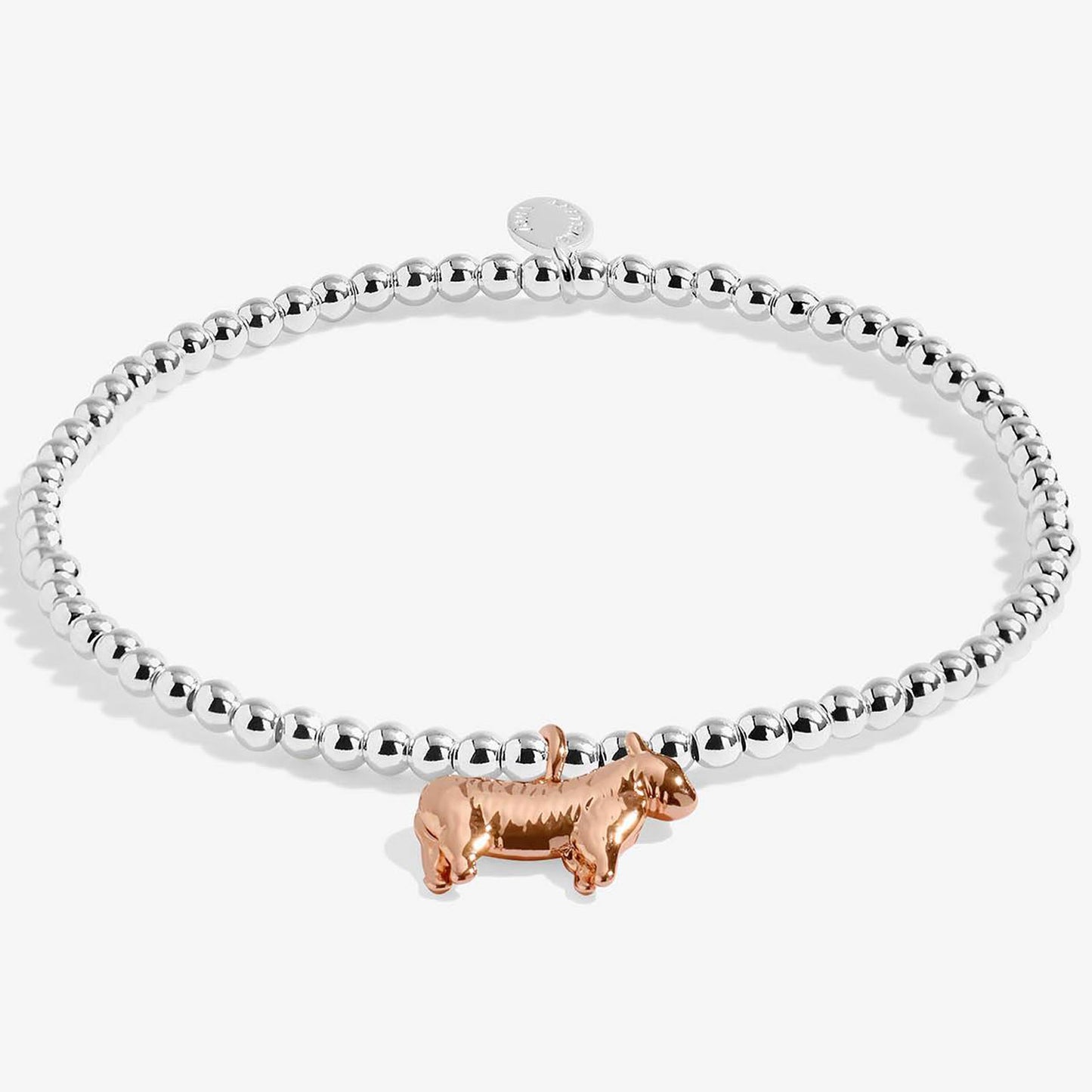 A silver beaded bracelet with a small rose gold dachshund charm, displayed on a clean white background.