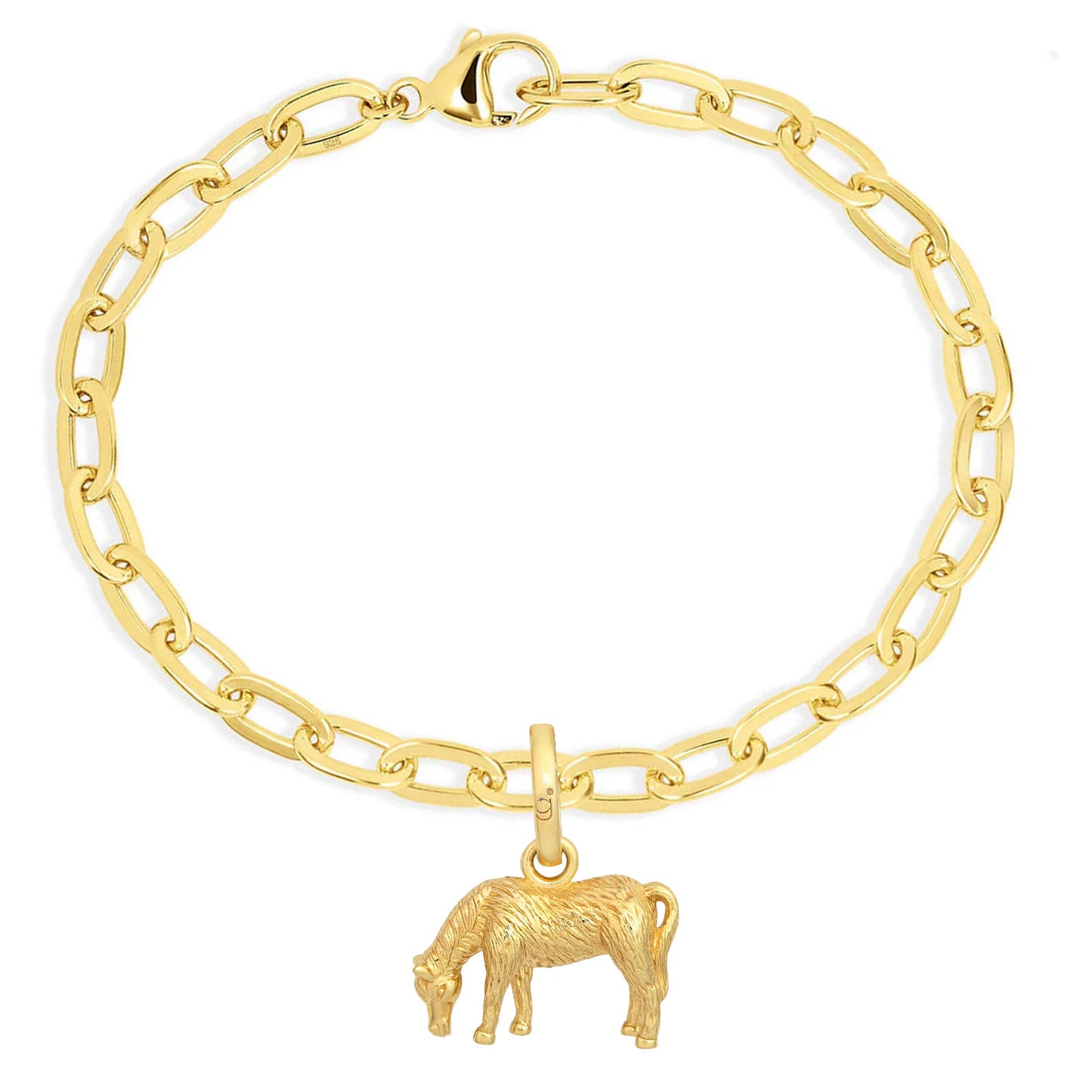 Gold bracelet with a horse charm on a white background