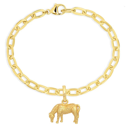 Gold bracelet with a horse charm on a white background