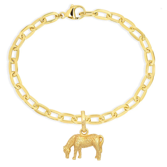 Gold bracelet with a horse charm on a white background
