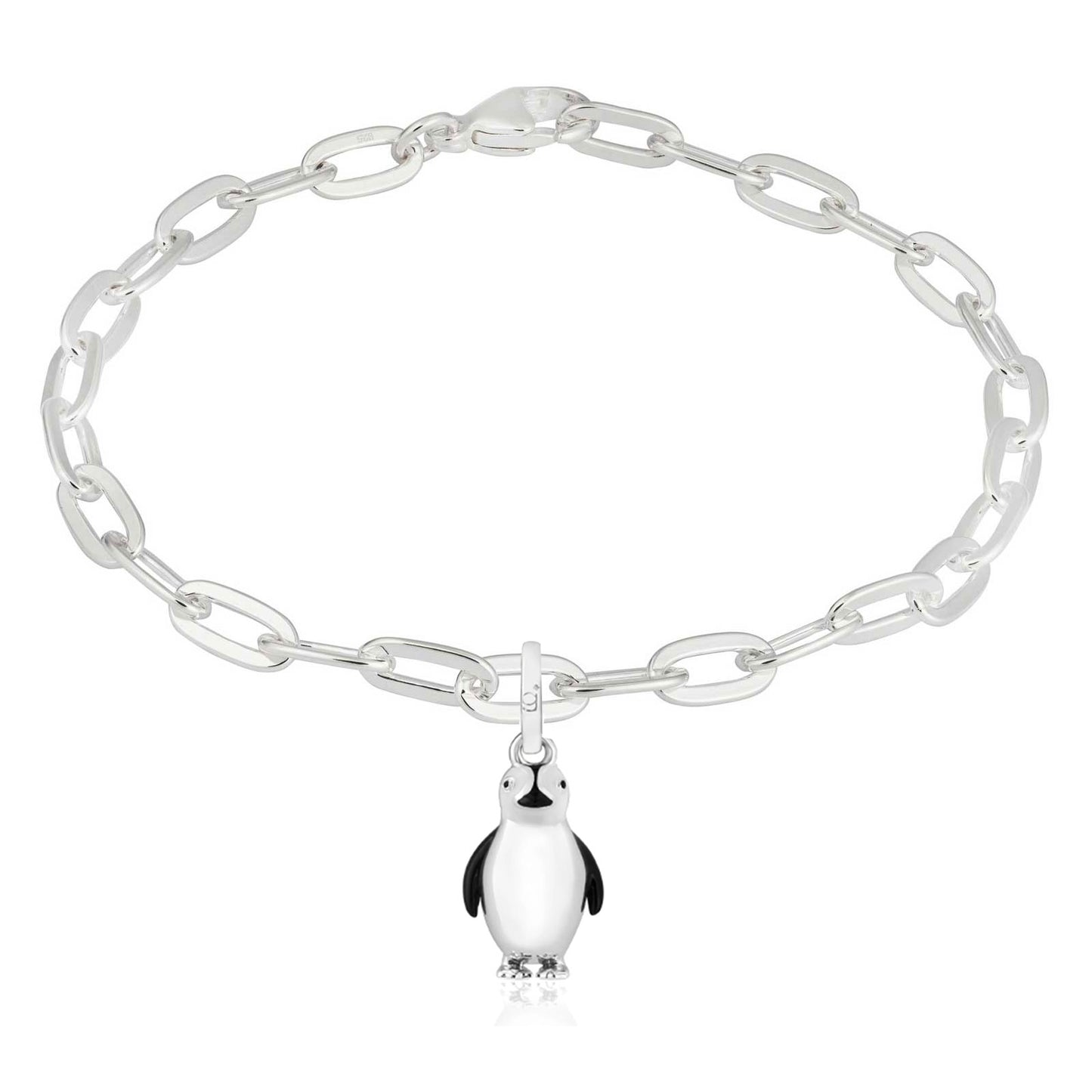 Silver chain bracelet with a penguin charm on a white background
