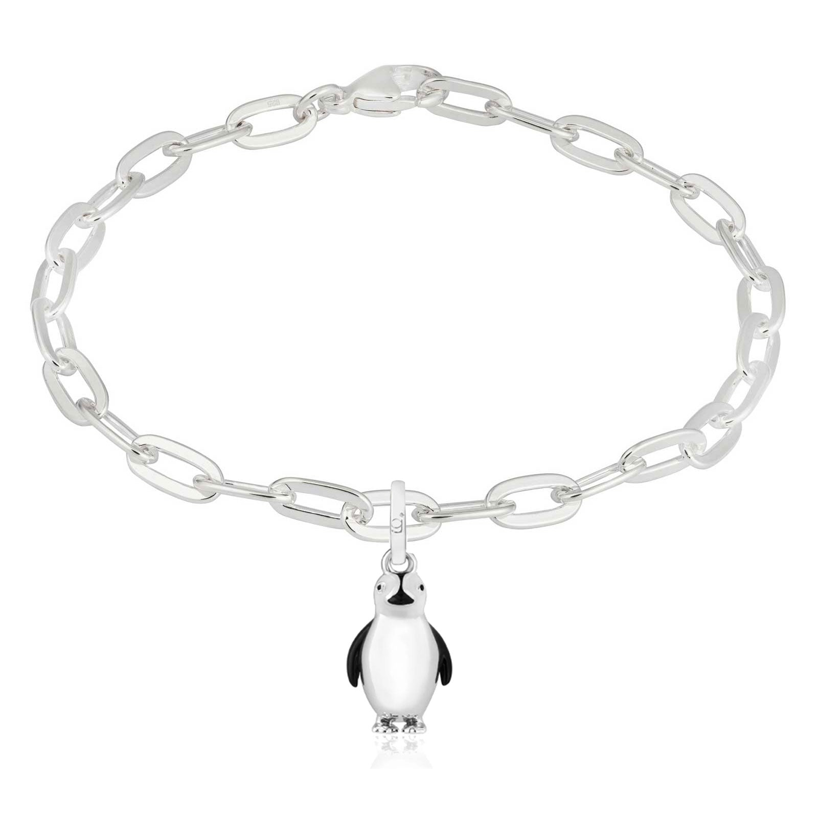 Silver chain bracelet with a penguin charm on a white background