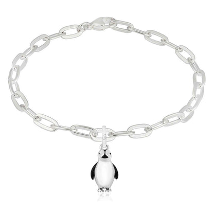 Silver chain bracelet with a penguin charm on a white background
