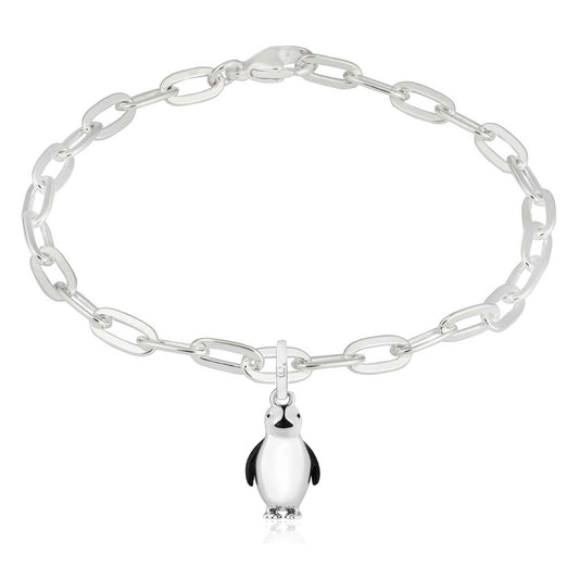 Silver chain bracelet with a penguin charm on a white background