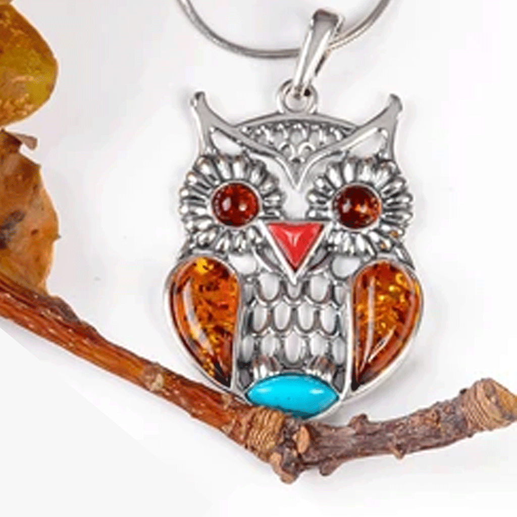 Owl Necklace Amber, Coral & Turquoise - Cotswold Jewellery
