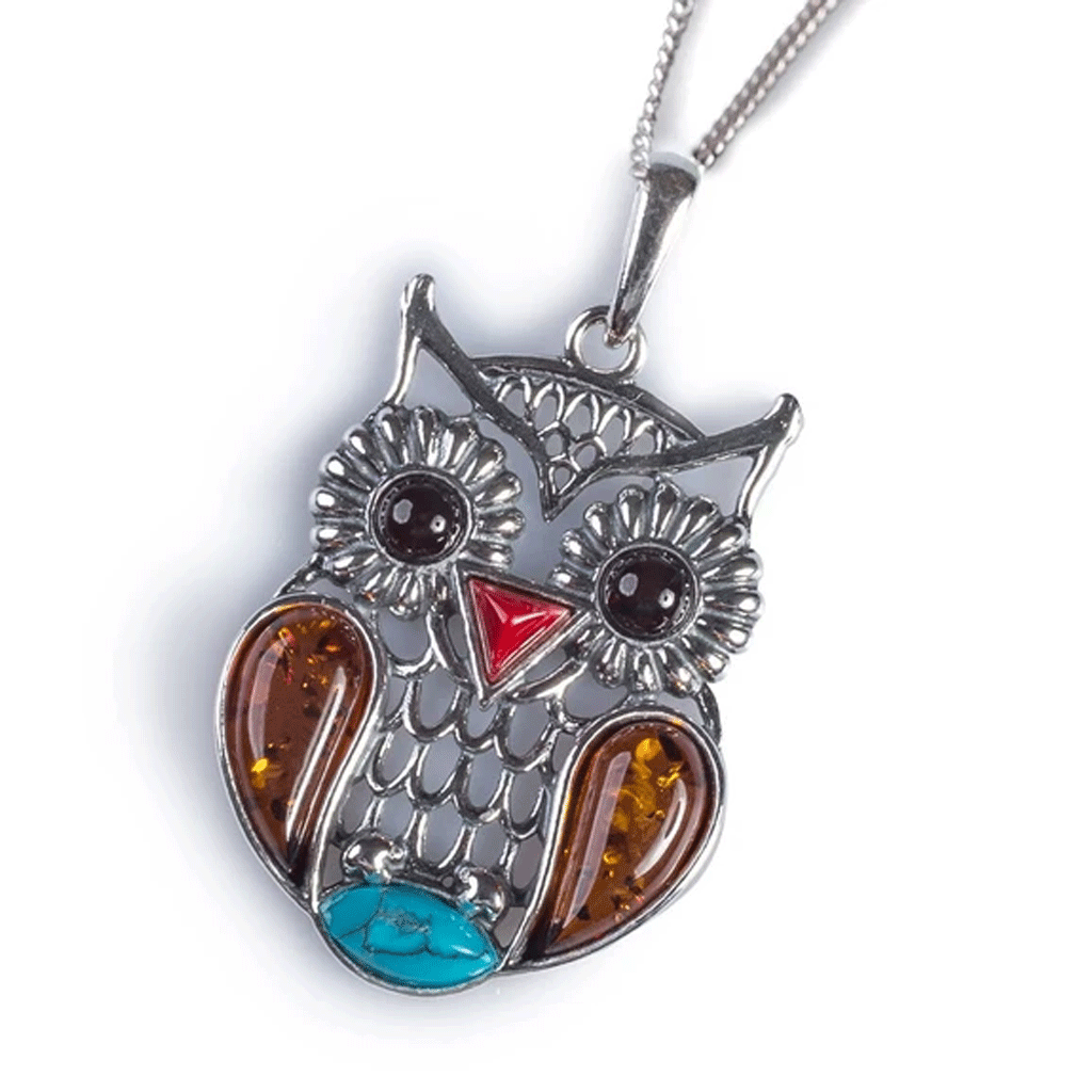 Owl Necklace Amber, Coral & Turquoise - Cotswold Jewellery