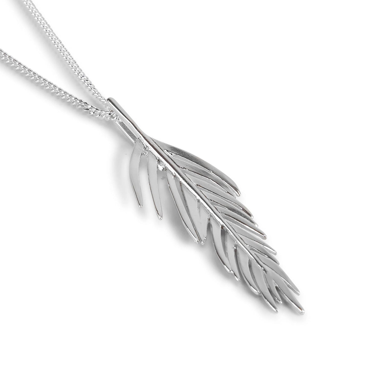 Silver feather-shaped pendant on a chain against a white background