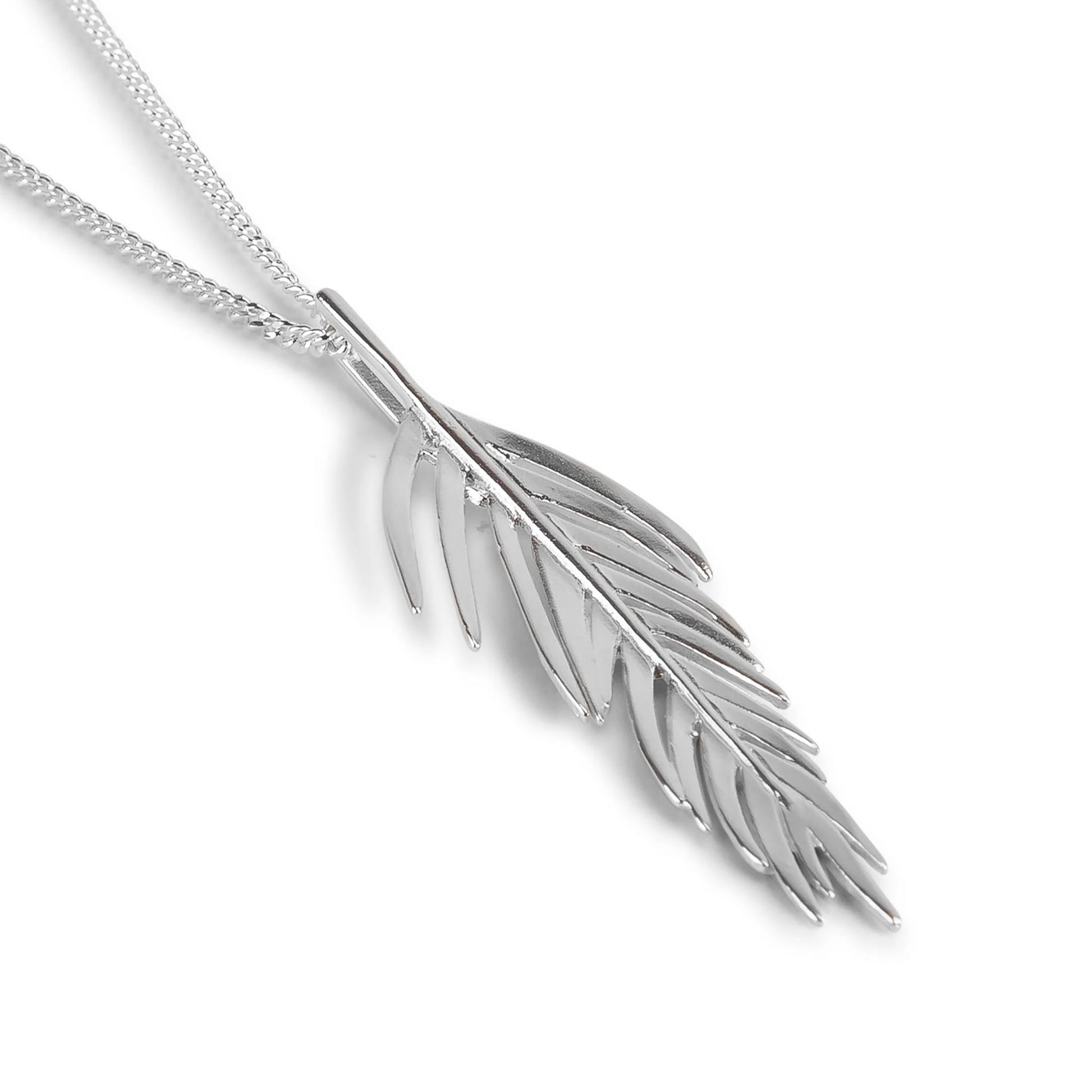 Silver feather-shaped pendant on a chain against a white background