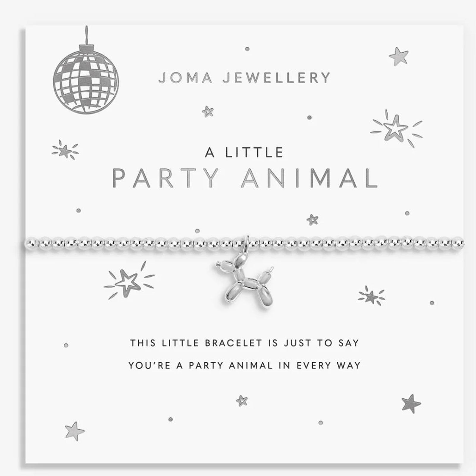 A silver balloon dog charm bracelet by Joma Jewellery, presented on its white printed card backing with festive silver graphics.