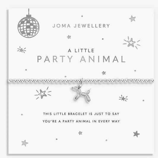 A silver balloon dog charm bracelet by Joma Jewellery, presented on its white printed card backing with festive silver graphics.