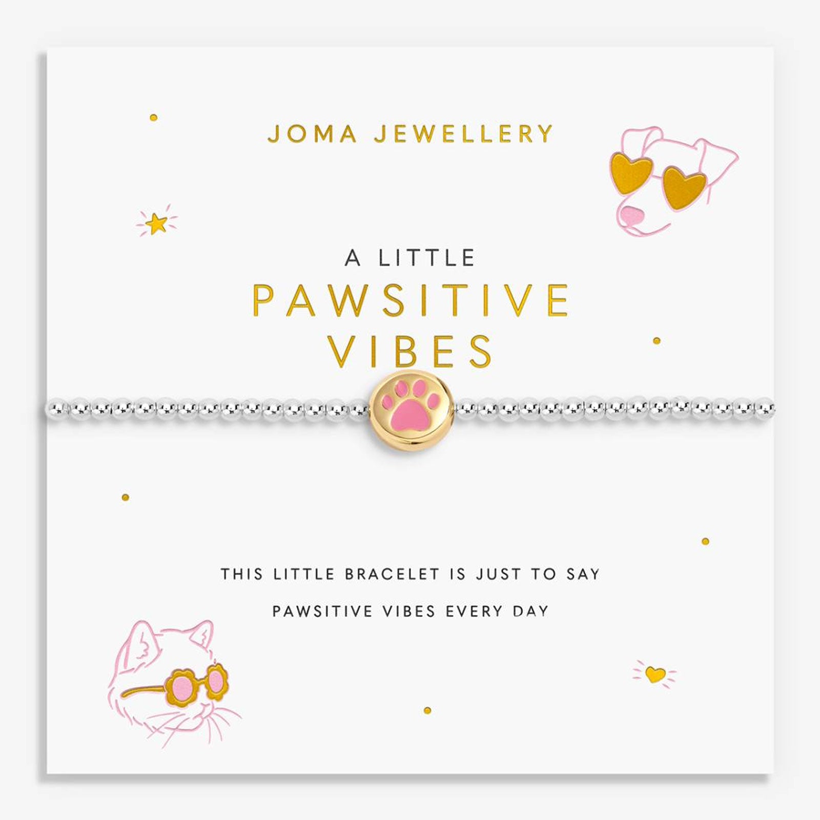 pink paw charm with beaded bracelet on gift card