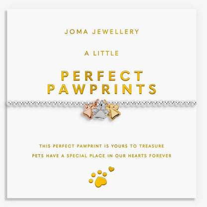 A silver chain bracelet with three paw print charms in gold, silver, and rose gold, displayed on a white Joma Jewellery card that reads 'A LITTLE PERFECT PAWPRINTS'.