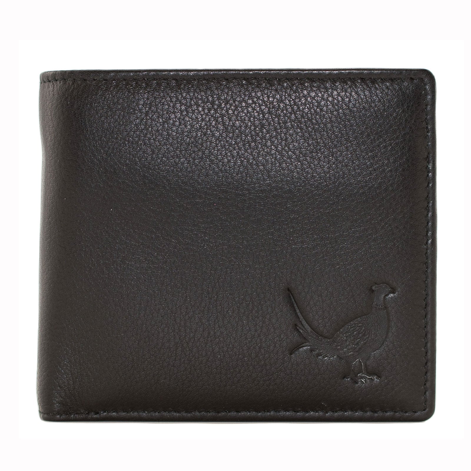 Black leather wallet with a bird emblem on a white background