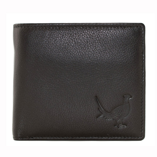 Black leather wallet with a bird emblem on a white background