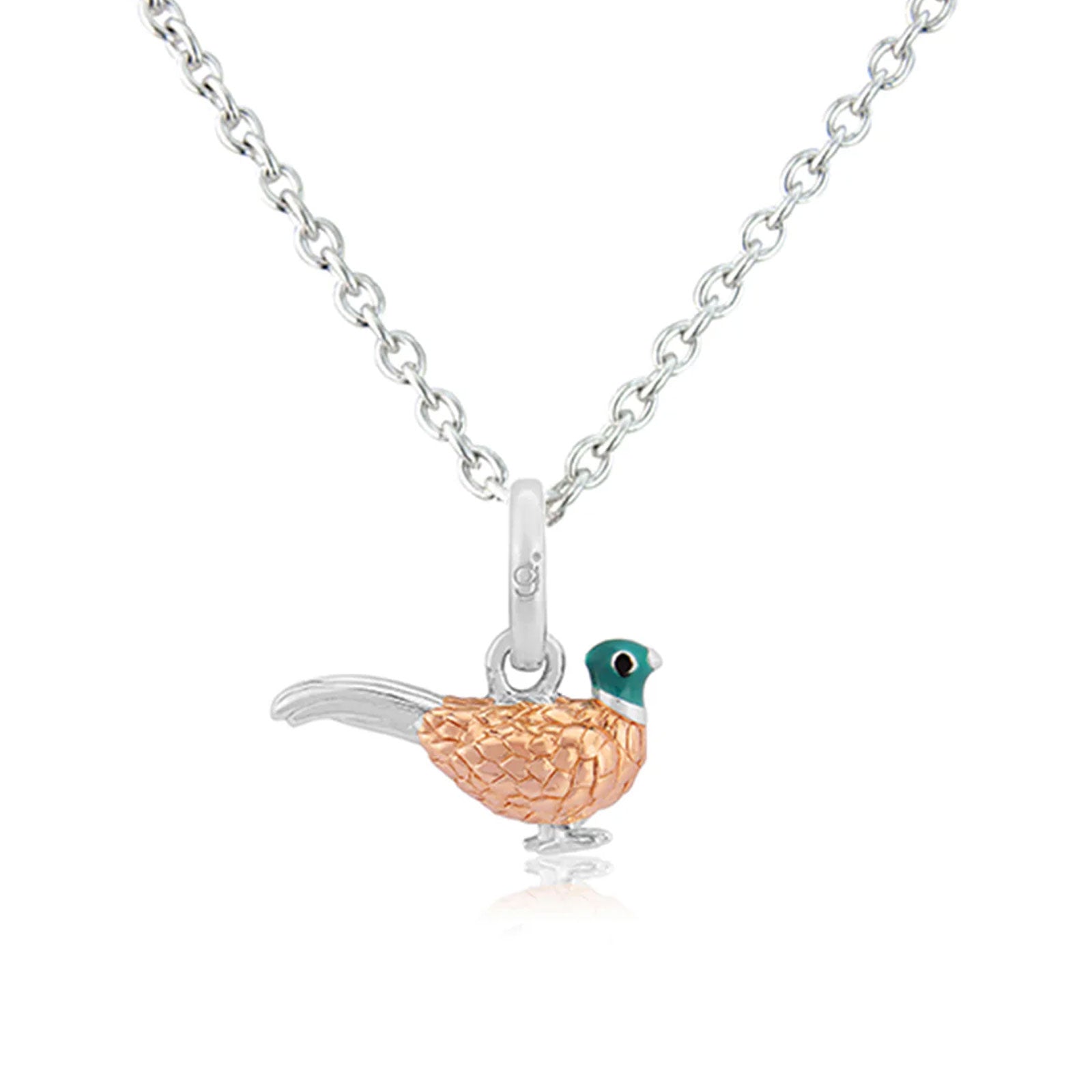 Bird-shaped pendant on a chain against a white background