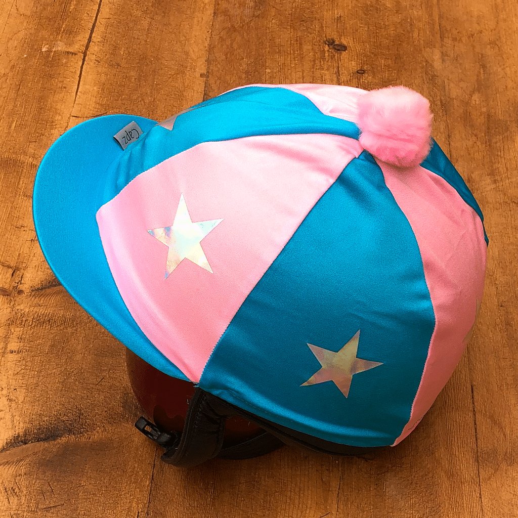 Pink & Blue Riding Hat Cover with Stars & Faux Fur Pom Pom - Cotswold Jewellery