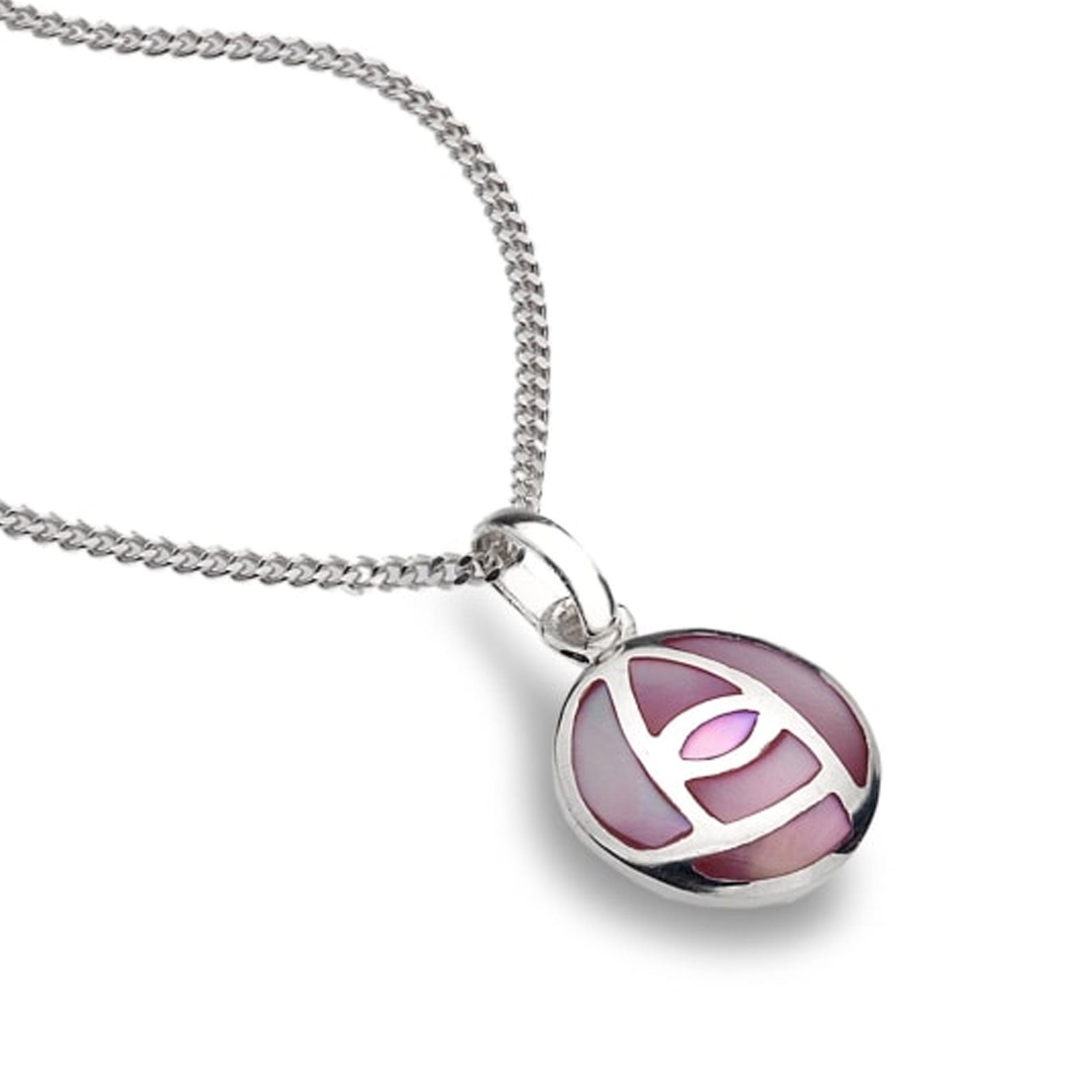 Silver necklace with a pink pendant on a white background