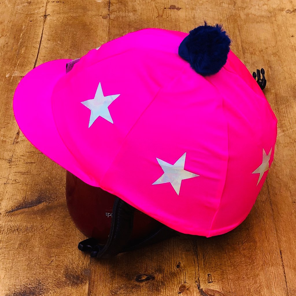 Pink Riding Hat Cover with Holographic Stars & Navy Pom Pom - Cotswold Jewellery