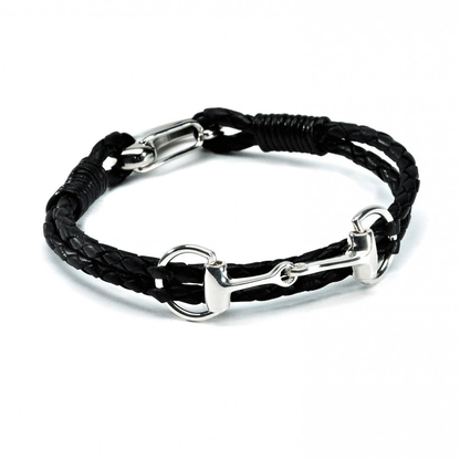 black leather plaited bracelet on white background
