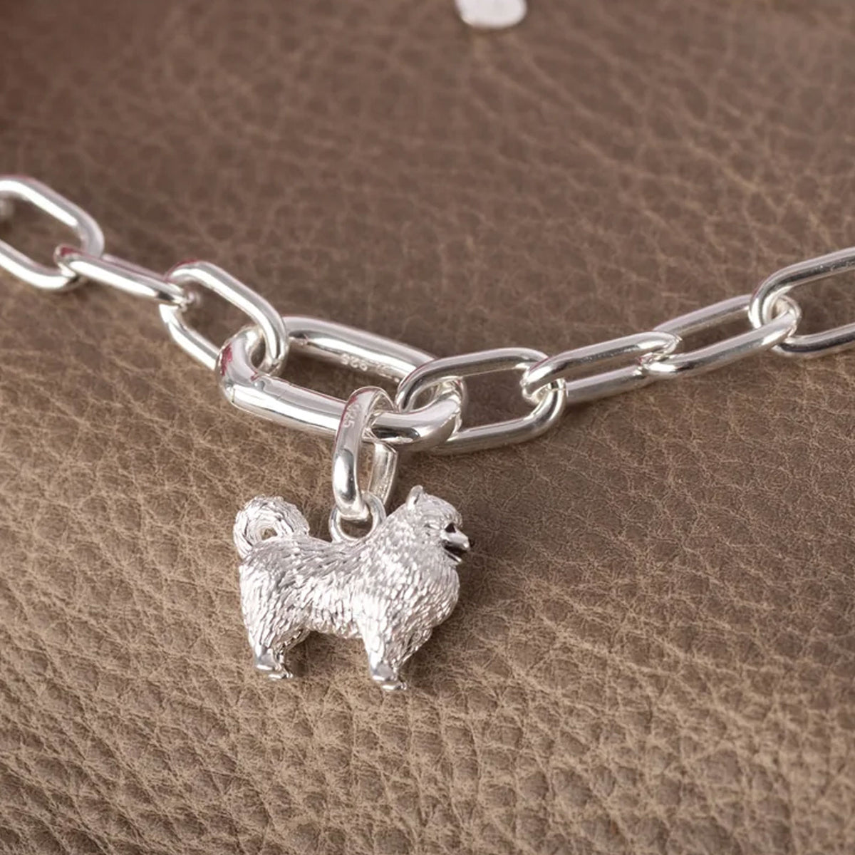 Silver chain bracelet with a dog charm on a brown leather background