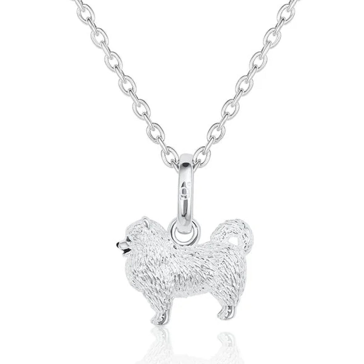 Silver pomeranian dog pendant necklace on a white background