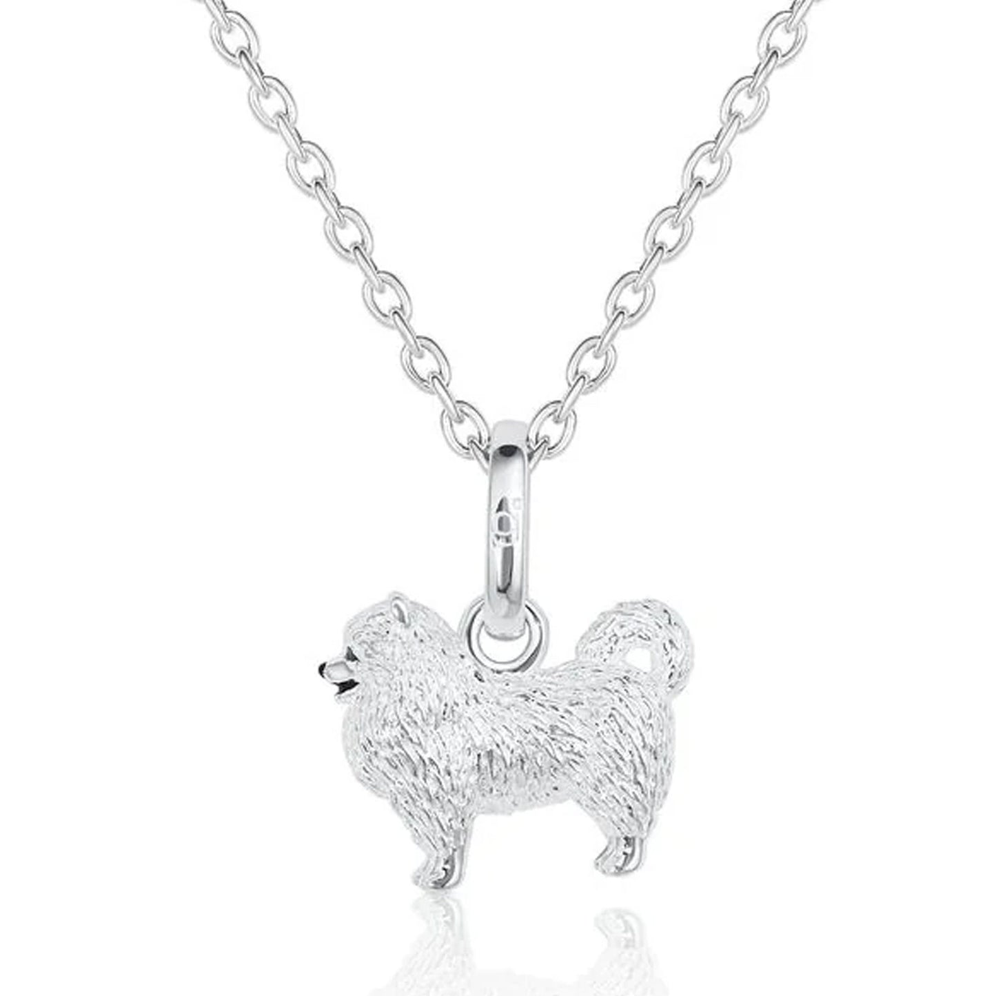 Silver pomeranian dog pendant necklace on a white background