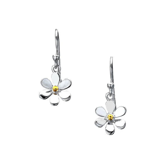 Flower-shaped silver earrings with a gold center on a white background