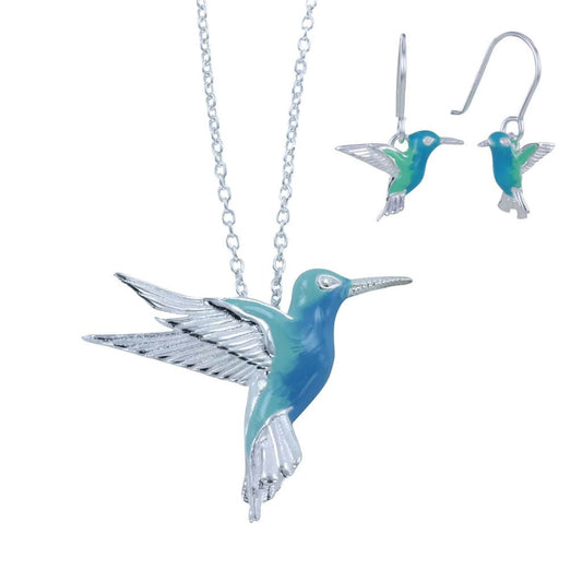 Pretty Hummingbird Sterling Silver Necklace & Earrings Set - Cotswold Jewellery
