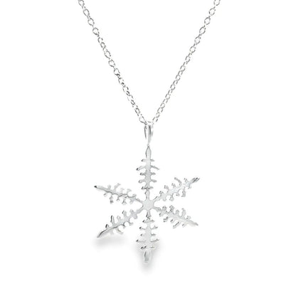 A silver snowflake pendant necklace on a delicate silver chain, shown against a plain white background.