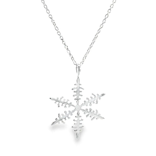 A silver snowflake pendant necklace on a delicate silver chain, shown against a plain white background.