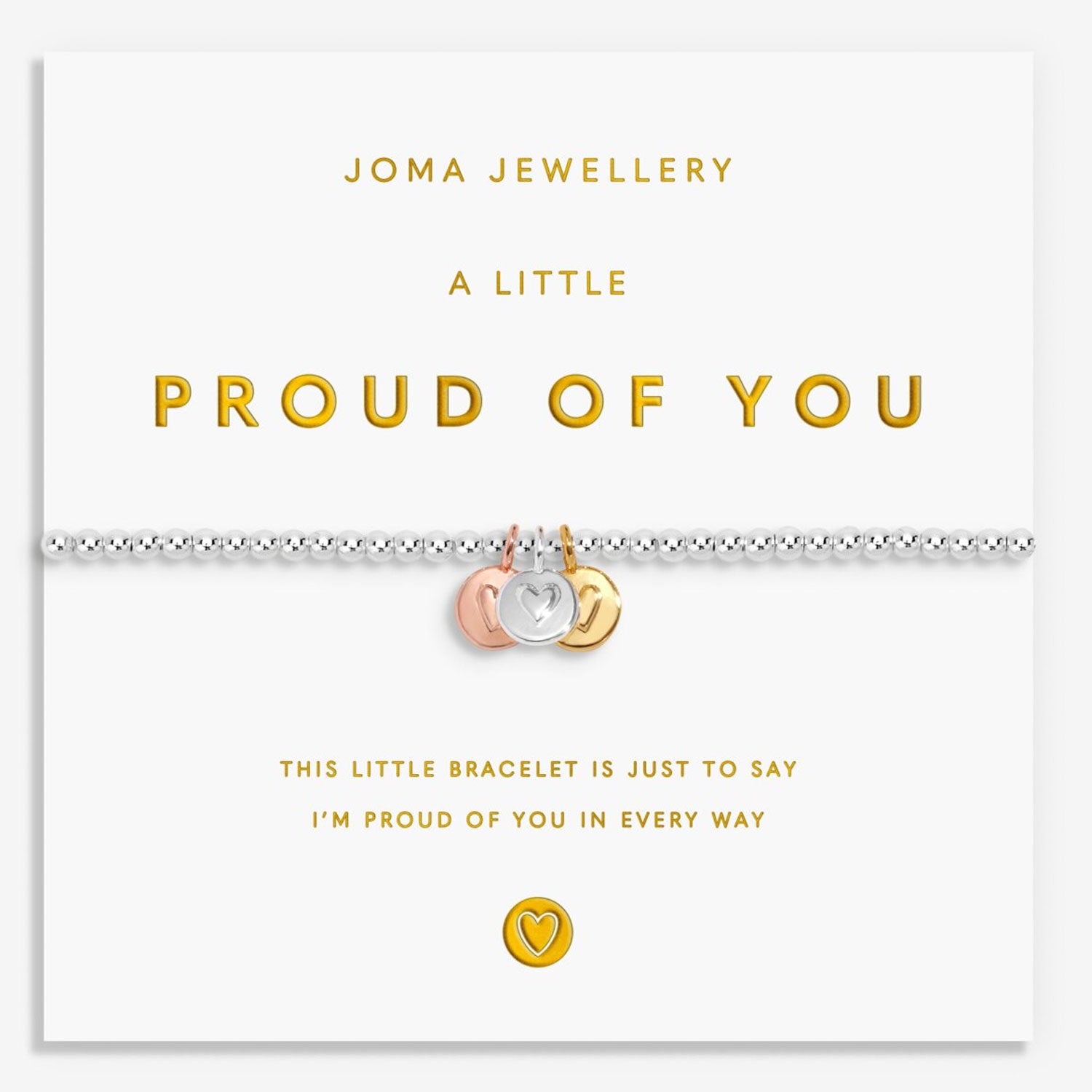 proud of you bracelet with three heart charms,  on white card