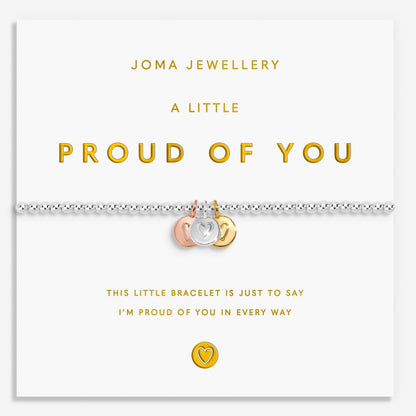 proud of you bracelet with three heart charms,  on white card