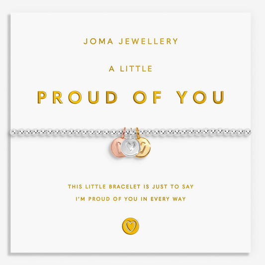 proud of you bracelet with three heart charms,  on white card