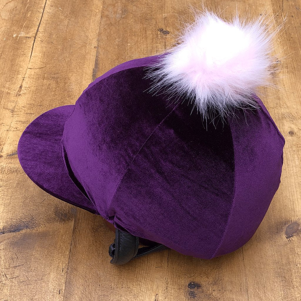 Purple Velour Riding Hat Cover Faux Fur Pom Pom - Cotswold Jewellery