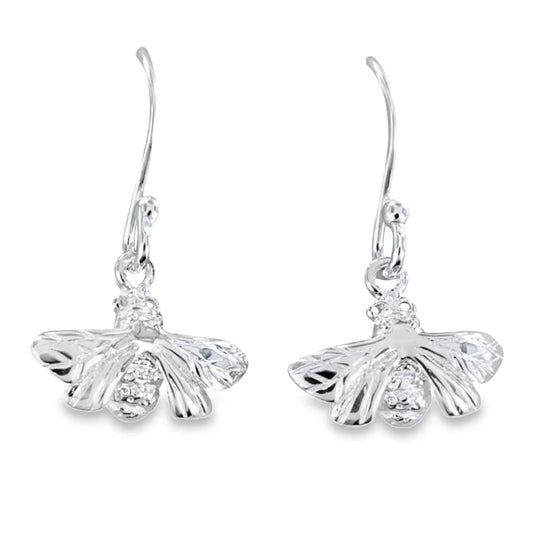 Silver bee-shaped earrings on a white background