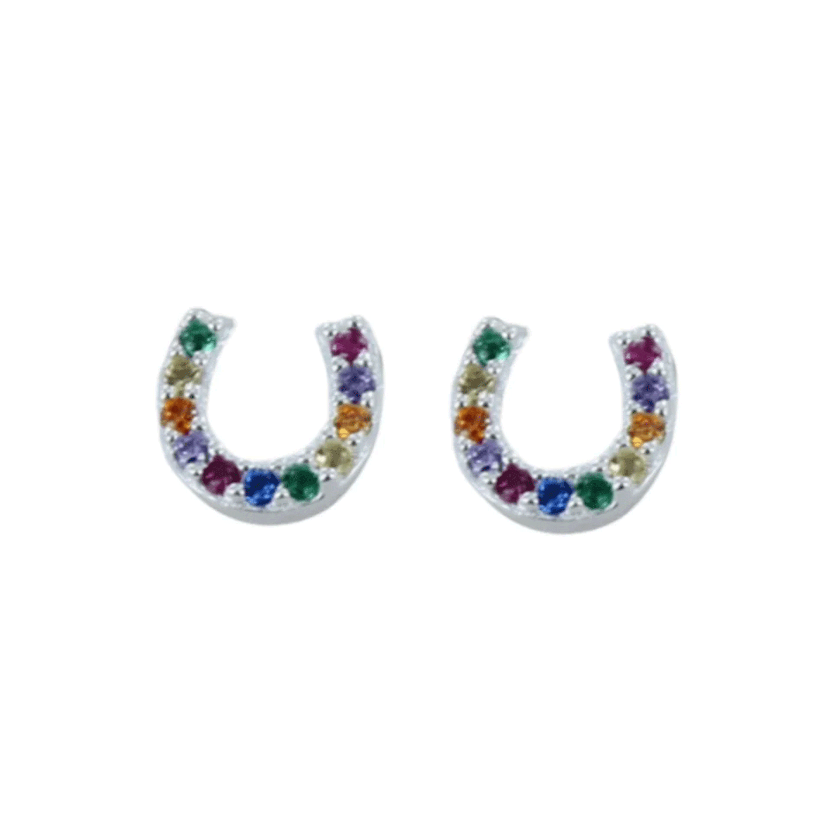 rainbow horseshoe earrings on white background