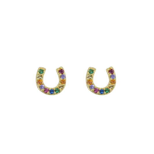 Horseshoe-shaped earrings with colorful gemstones on a white background