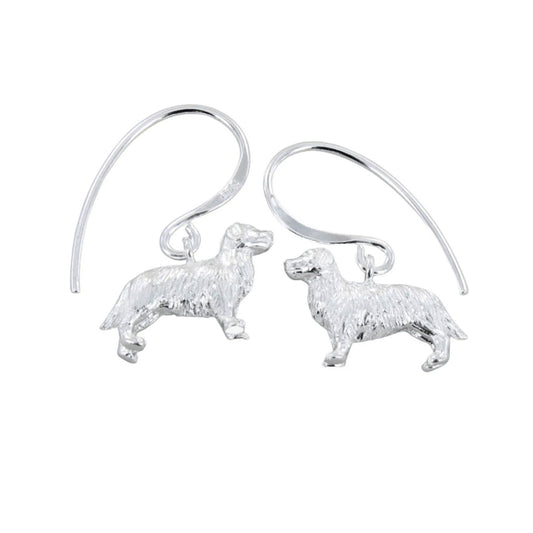 silver retriever earrings on white background
