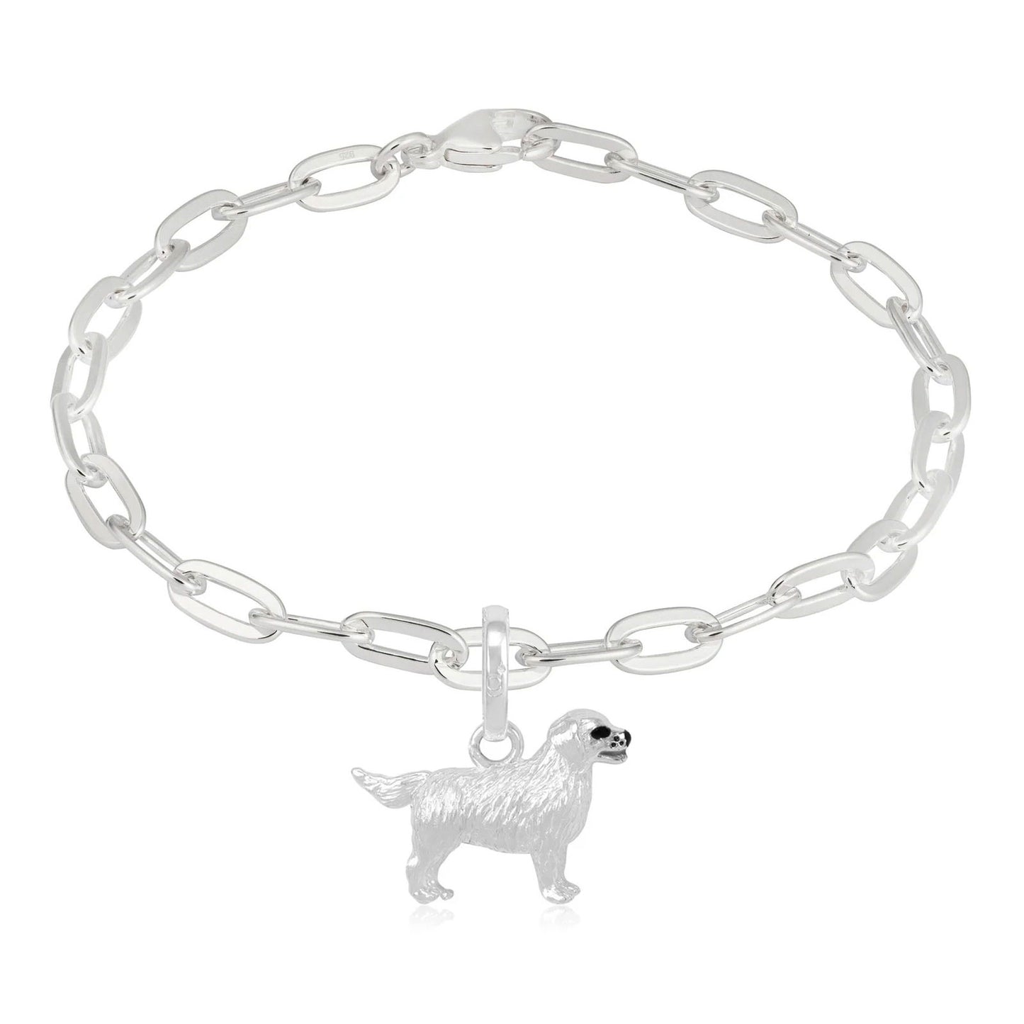 Silver chain bracelet with a dog charm on a white background