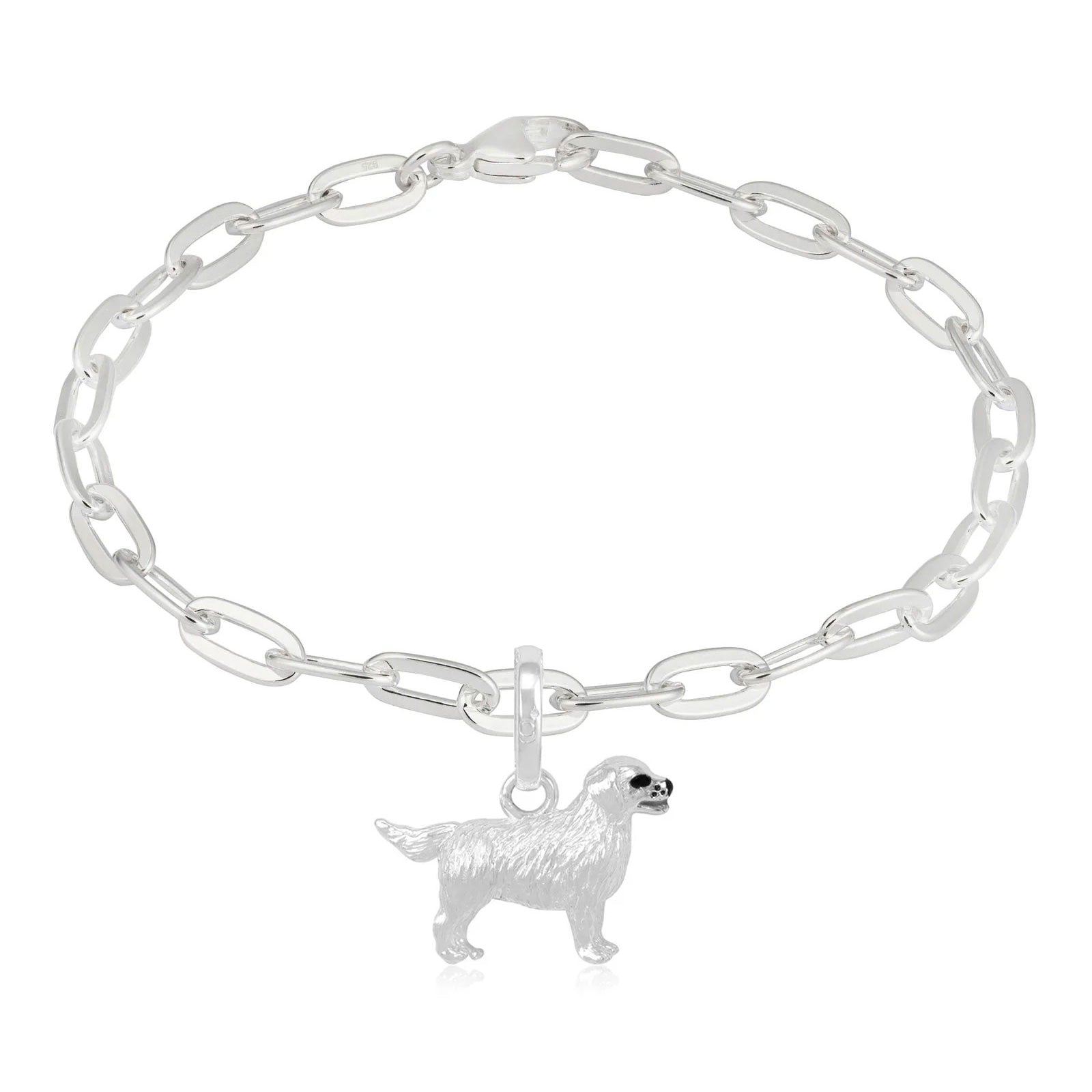 Silver chain bracelet with a dog charm on a white background
